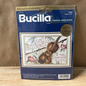 Vtg Bucilla Counted Cross Stitch Kit 41990 Language Love 7x5 Music Violin Fiddle